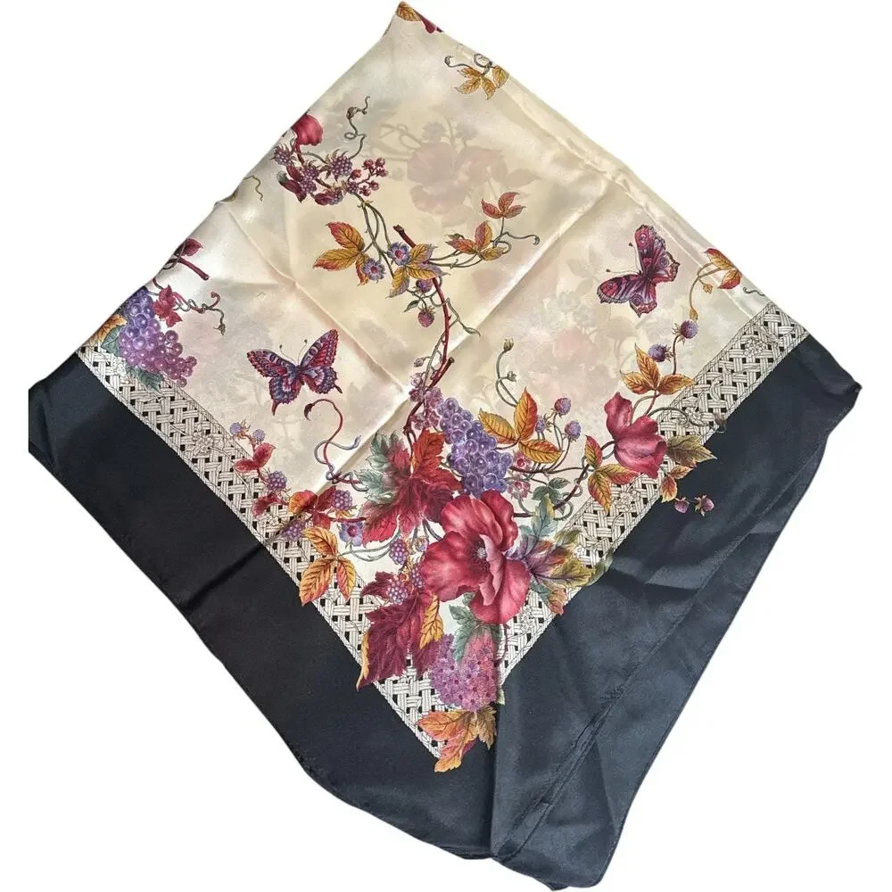Silk Scarf 34” Square Floral Butterfly Black Ivory Burgundy EUC